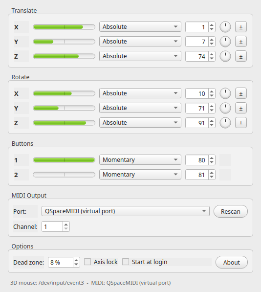 The QSpaceMIDI window: Translate and Rotate groups with a level meter, CC mode, CC number and sensitivity knob per axis, a Buttons group and the MIDI output settings